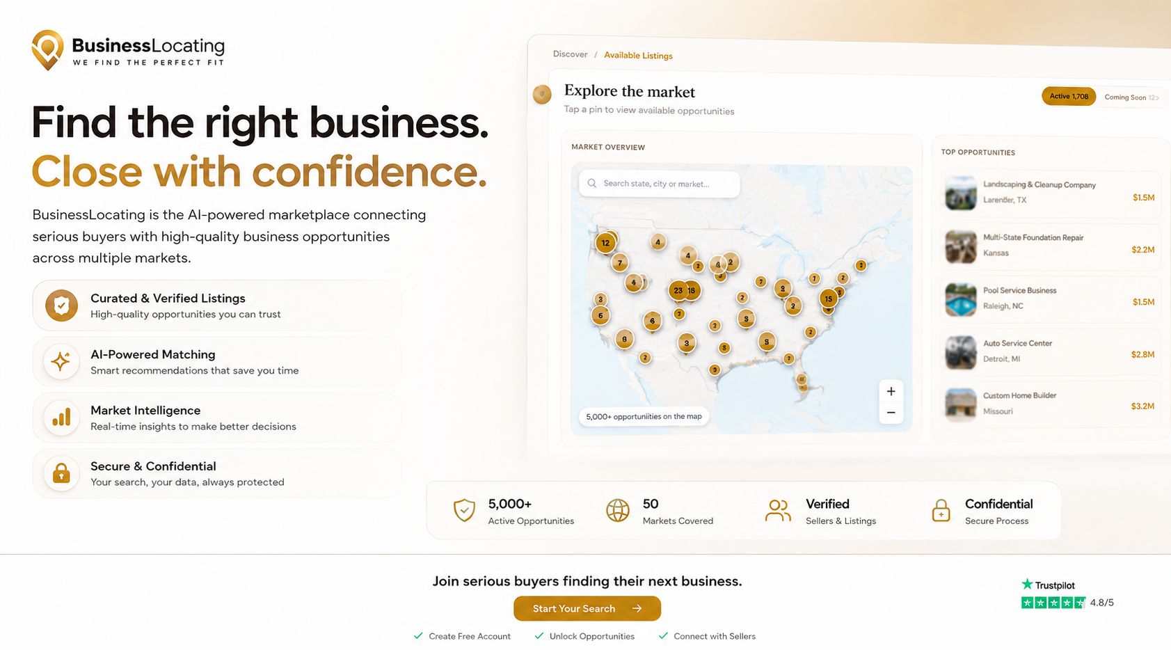 BusinessLocating dashboard showing off-market opportunities across the U.S., market stats, and top opportunities